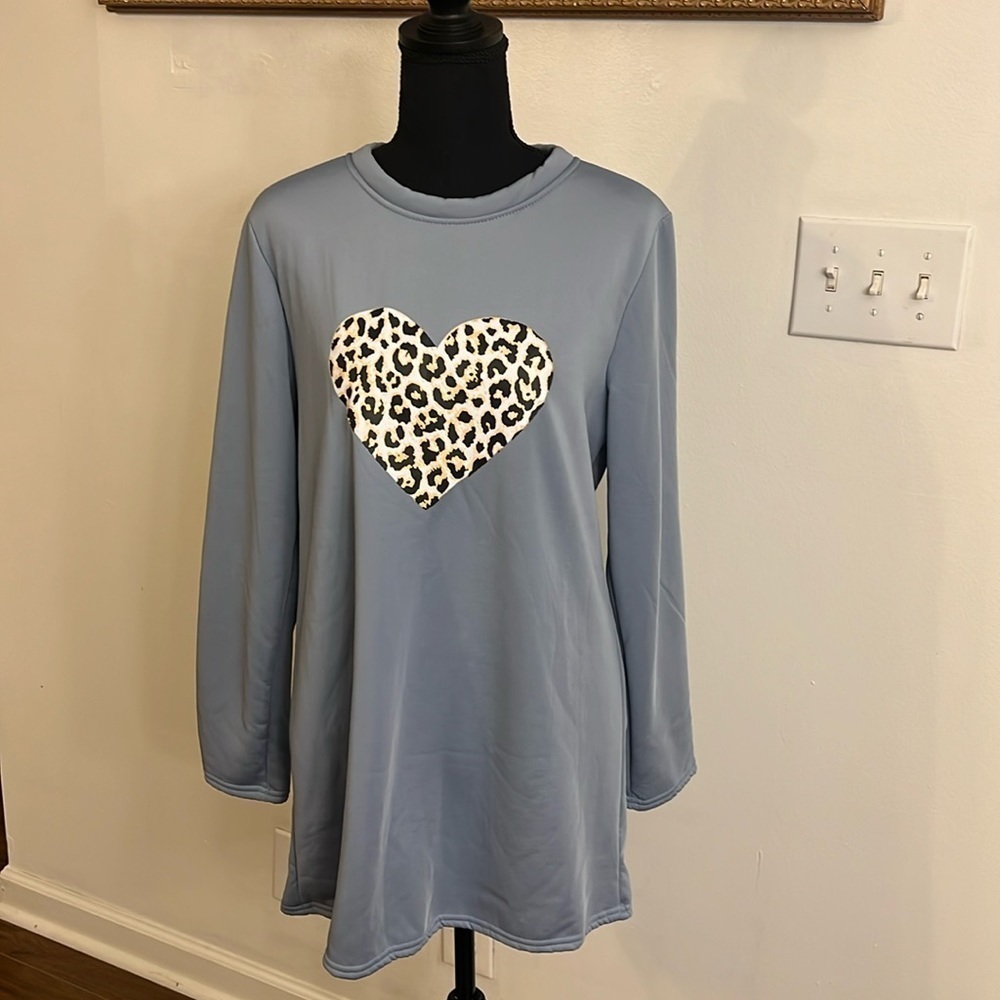 Unknown Designer Soft Blue Pullover with Animal Print Heart, Sz. M/L.